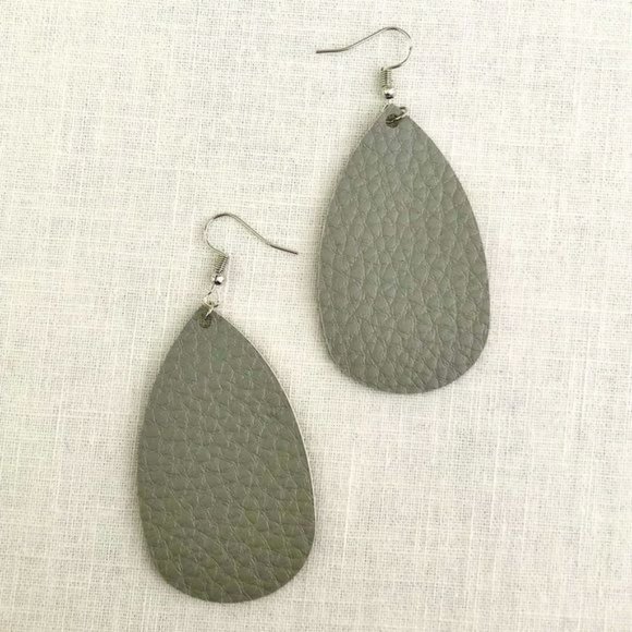 Teardrop Faux Leather Earrings in Soft Gray Lightweight New Textured - Picture 3 of 4